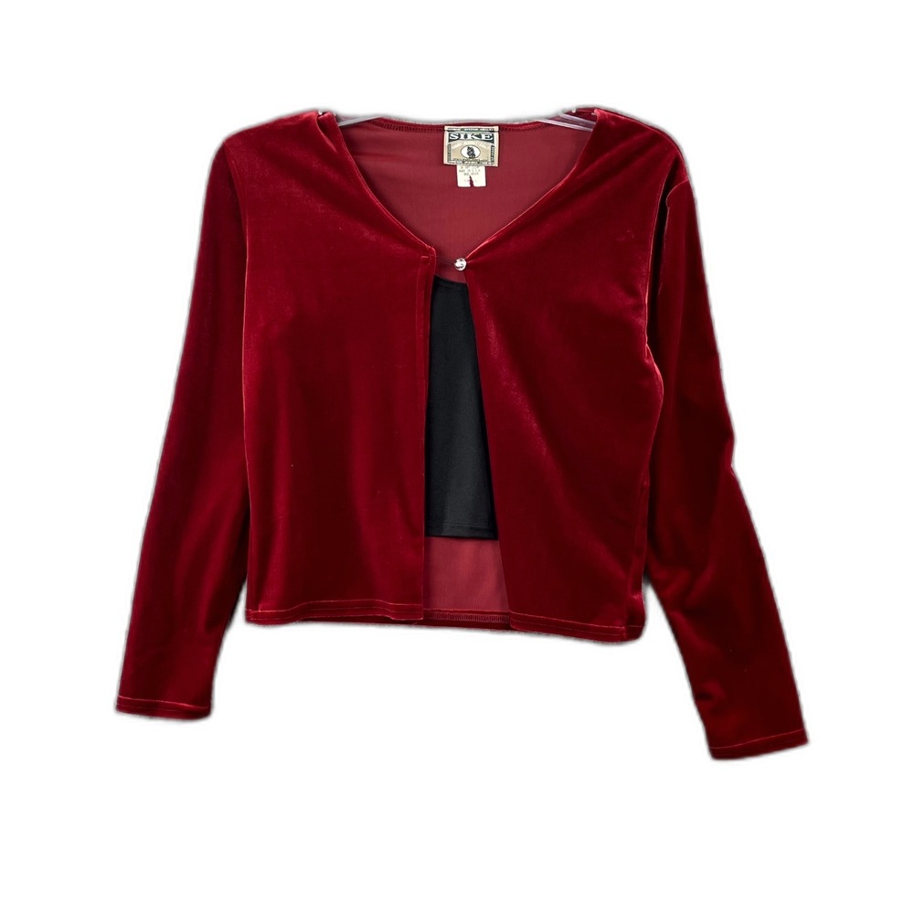 Sike Twinset Blouse Womens Small Red Black Velvet Stretch Long Sleeve Outdoor